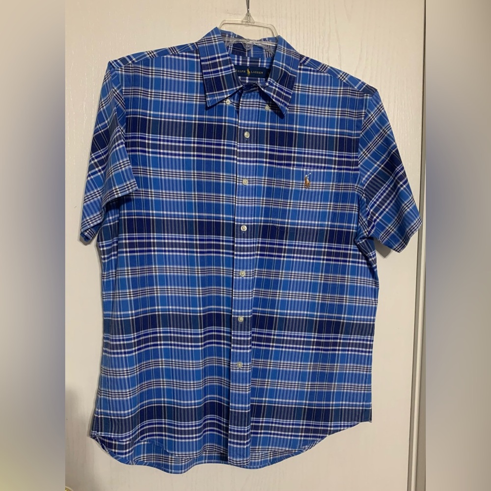 Ralph Lauren Oxford Short Sleeve Button Down Shirt Blue Navy Plaid